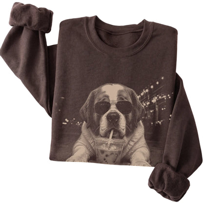 Saint Bernard wearing aviator sunglasses and drinking iced coffee on a Dark Chocolate Gildan Heavy Blend Crewneck Sweatshirt, folded view