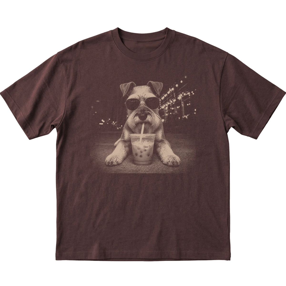 Schnauzer wearing aviator sunglasses and drinking iced coffee on a Dark Chocolate Gildan Softstyle T-Shirt, flat lay view