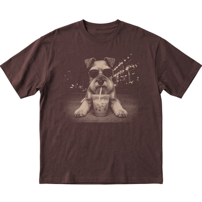 Schnauzer wearing aviator sunglasses and drinking iced coffee on a Dark Chocolate Gildan Softstyle T-Shirt, flat lay view
