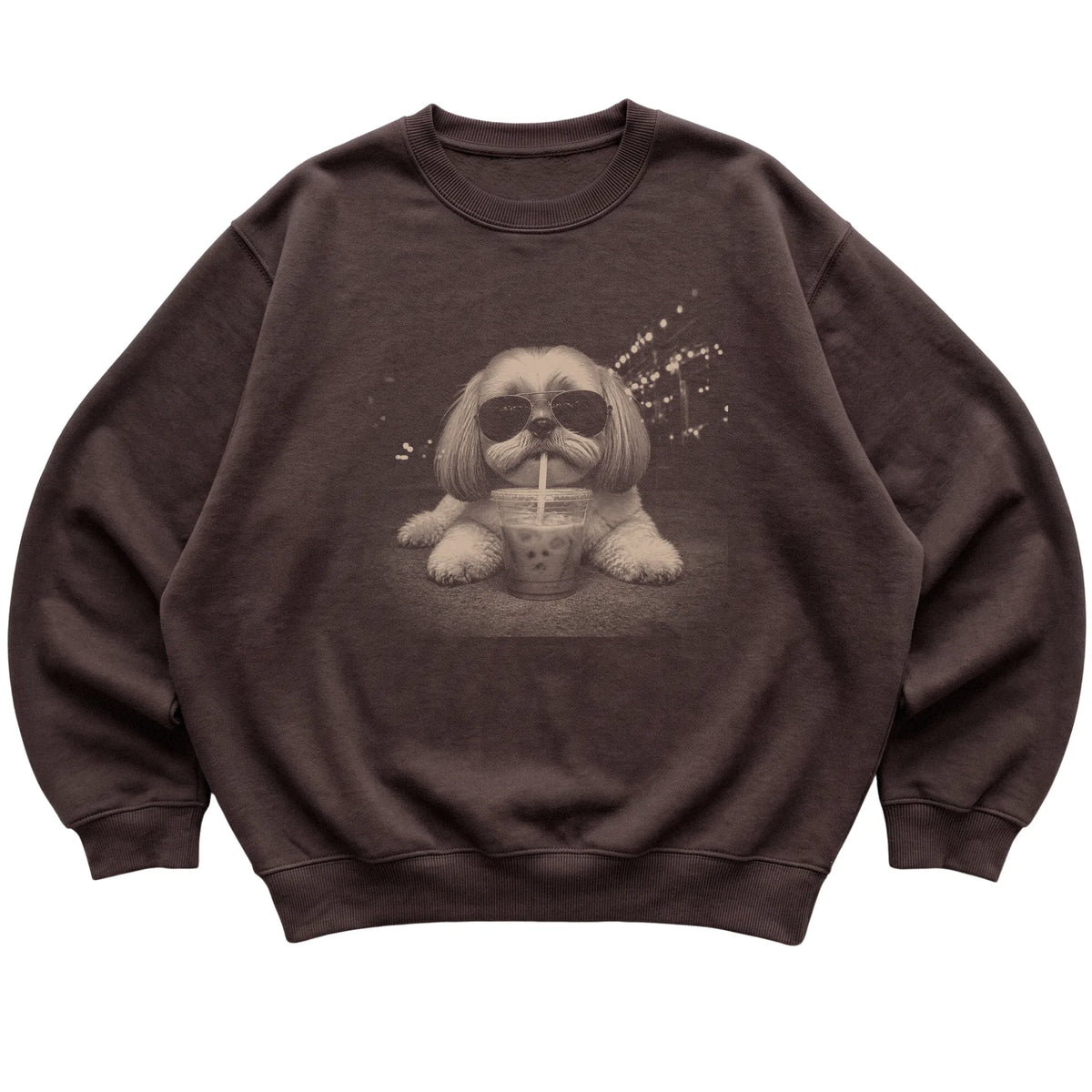 Shih Tzu wearing aviator sunglasses and drinking iced coffee on a Dark Chocolate Gildan Heavy Blend Crewneck Sweatshirt, flat lay view