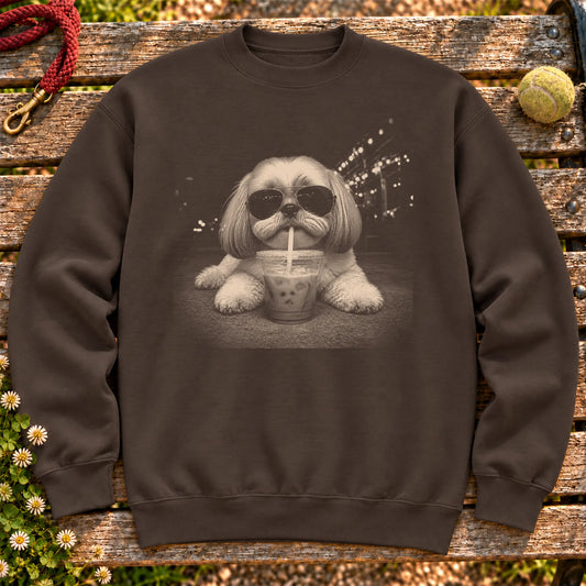 Shih Tzu Iced Coffee design on a Dark Chocolate crewneck sweatshirt shown flat