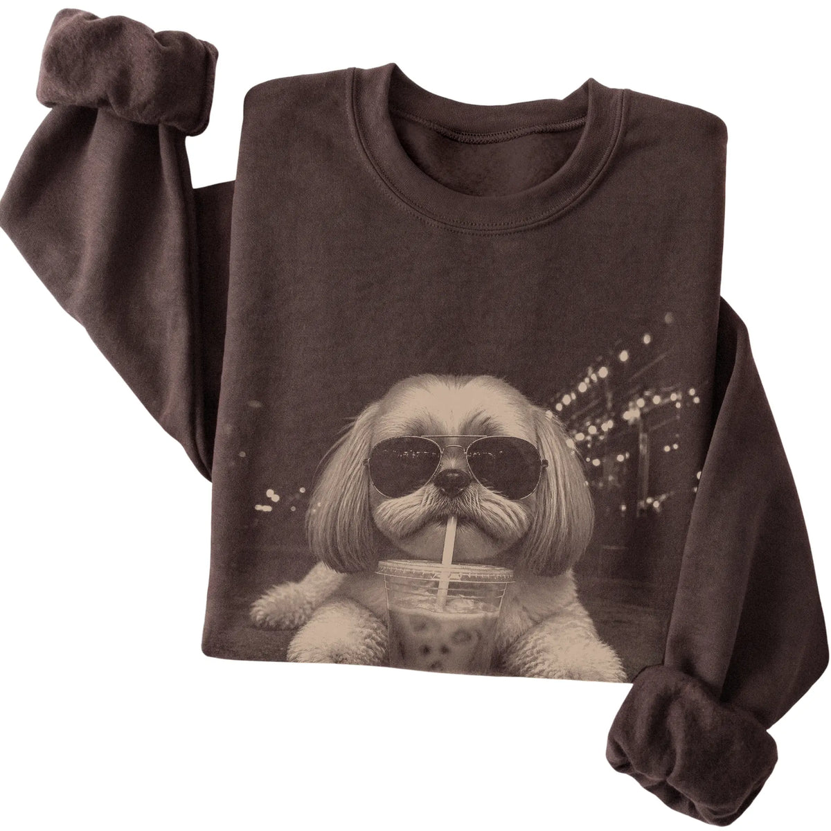 Shih Tzu wearing aviator sunglasses and drinking iced coffee on a Dark Chocolate Gildan Heavy Blend Crewneck Sweatshirt, folded view