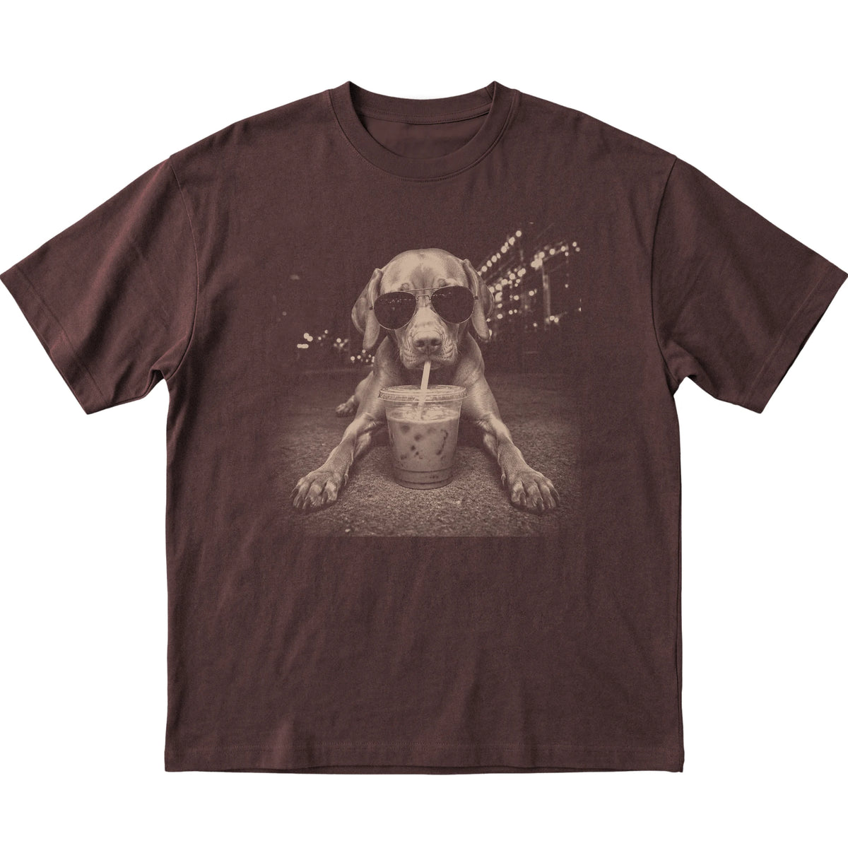 Vizsla wearing aviator sunglasses and drinking iced coffee on a Dark Chocolate Gildan Softstyle T-Shirt, flat lay view
