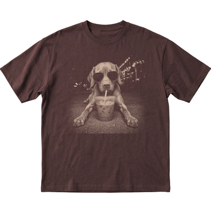 Vizsla wearing aviator sunglasses and drinking iced coffee on a Dark Chocolate Gildan Softstyle T-Shirt, flat lay view