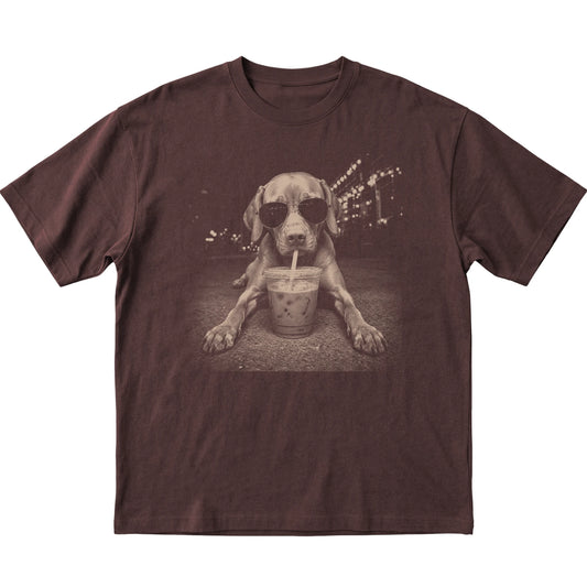 Vizsla wearing aviator sunglasses and drinking iced coffee on a Dark Chocolate Gildan Softstyle T-Shirt, flat lay view