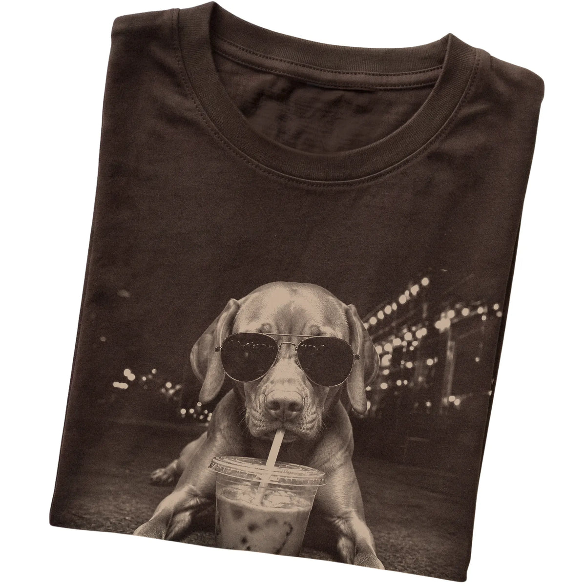 Vizsla wearing aviator sunglasses and drinking iced coffee on a Dark Chocolate Gildan Softstyle T-Shirt, folded view