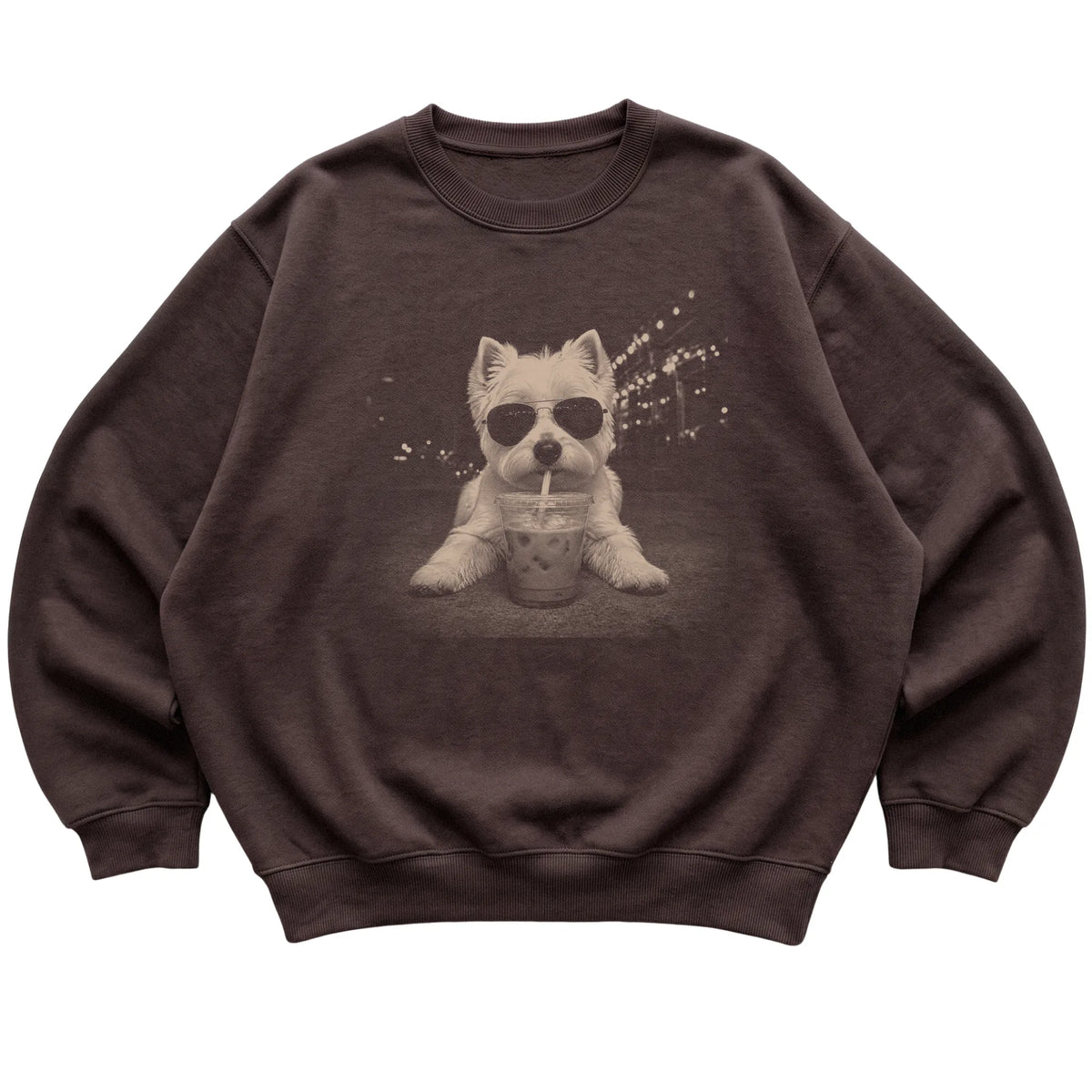 Westie wearing aviator sunglasses and drinking iced coffee on a Dark Chocolate Gildan Heavy Blend Crewneck Sweatshirt, flat lay view