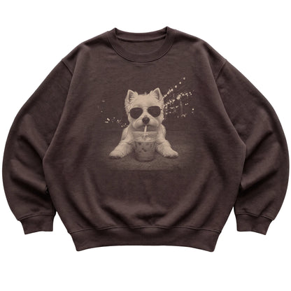 Westie wearing aviator sunglasses and drinking iced coffee on a Dark Chocolate Gildan Heavy Blend Crewneck Sweatshirt, flat lay view