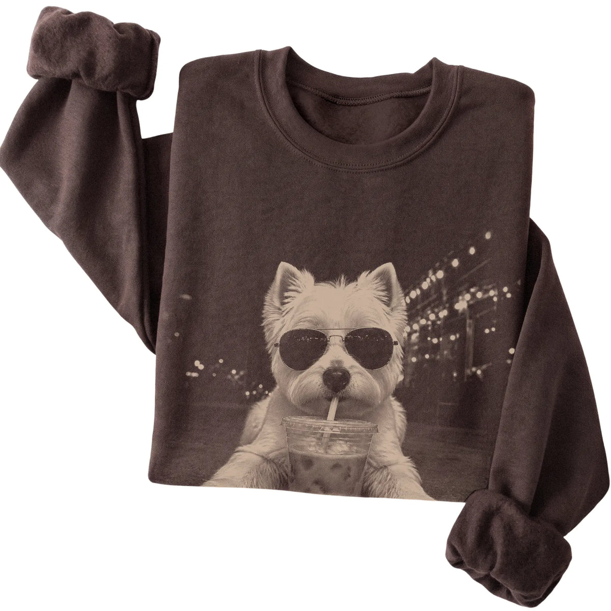 Westie wearing aviator sunglasses and drinking iced coffee on a Dark Chocolate Gildan Heavy Blend Crewneck Sweatshirt, folded view