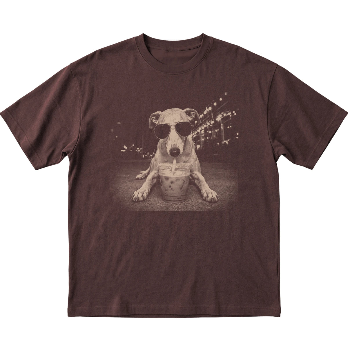 Whippet wearing aviator sunglasses and drinking iced coffee on a Dark Chocolate Gildan Softstyle T-Shirt, flat lay view