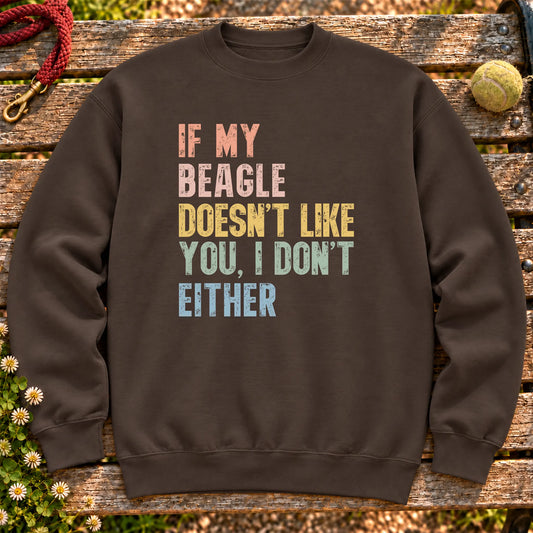 “If my Beagle doesn’t like you, I don’t either” text on a Dark Chocolate sweatshirt