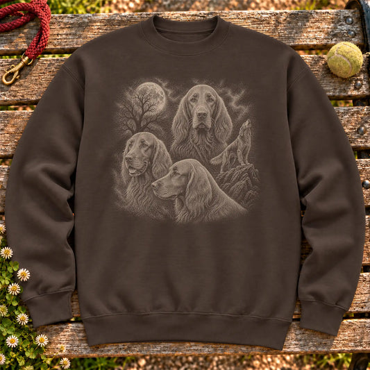 Irish Setter 90s Moon design on a Dark Chocolate crewneck sweatshirt shown flat