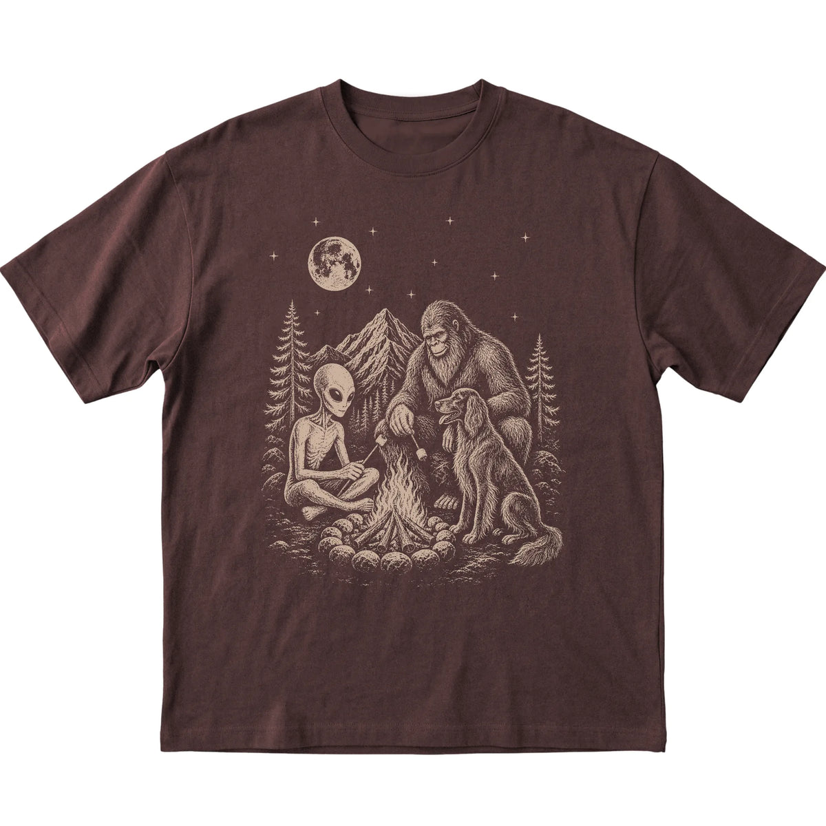 Dark Chocolate Irish Setter Camping with Bigfoot and Alien shirt laid flat