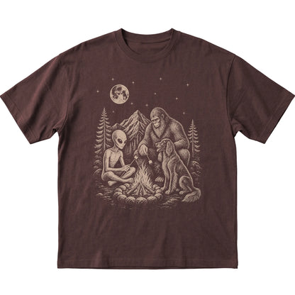Dark Chocolate Irish Setter Camping with Bigfoot and Alien shirt laid flat