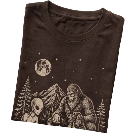 Dark Chocolate Irish Setter Camping with Bigfoot and Alien folded detail view