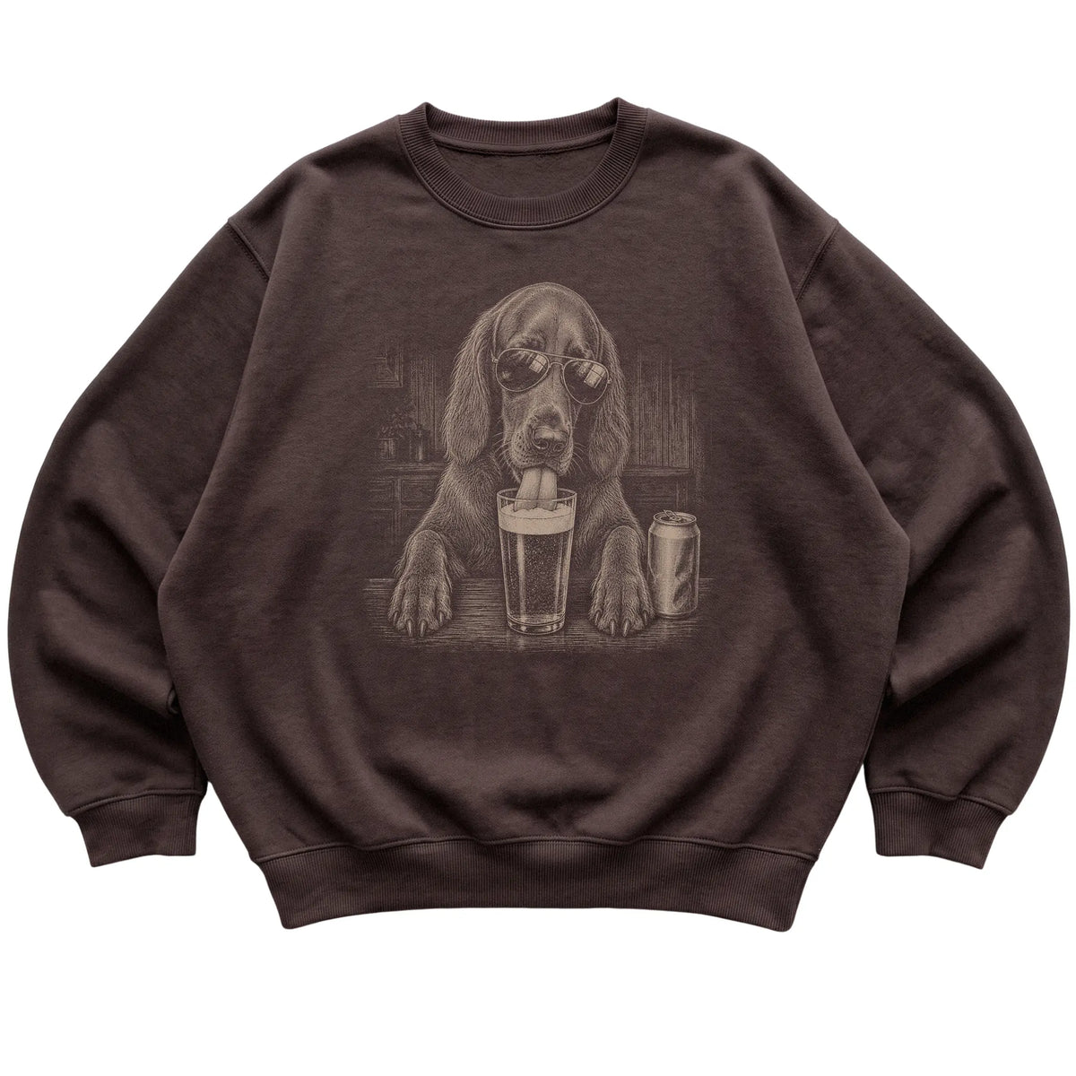 Dark Chocolate Irish Setter drinking from a pint at a bar, laid flat
