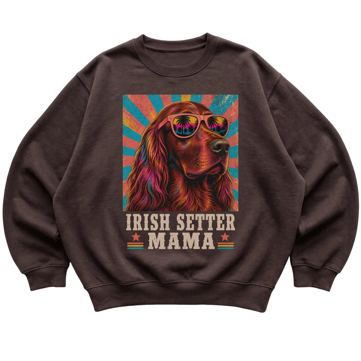 Retro Irish Setter Mama design on a Dark Chocolate crewneck sweatshirt