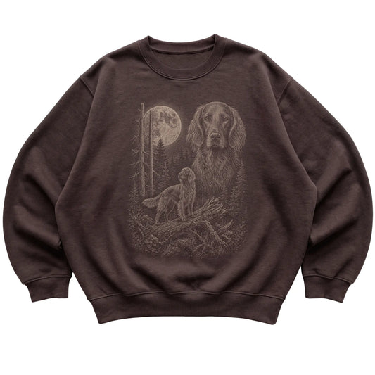 Irish Setter Moonlit Forest graphic on a dark chocolate crewneck sweatshirt laid flat