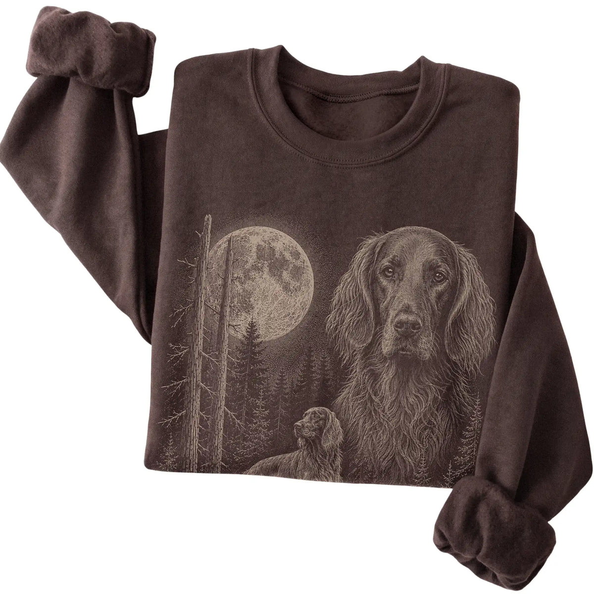 Folded dark chocolate crewneck sweatshirt showing the Irish Setter Moonlit Forest graphic