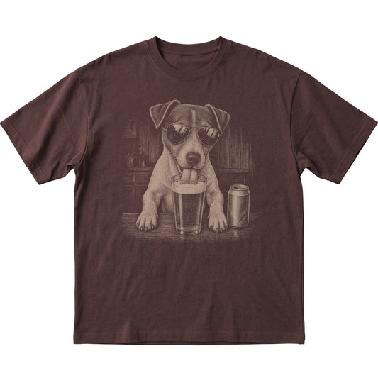 Dark Chocolate Jack Russell drinking from a pint at a bar, laid flat