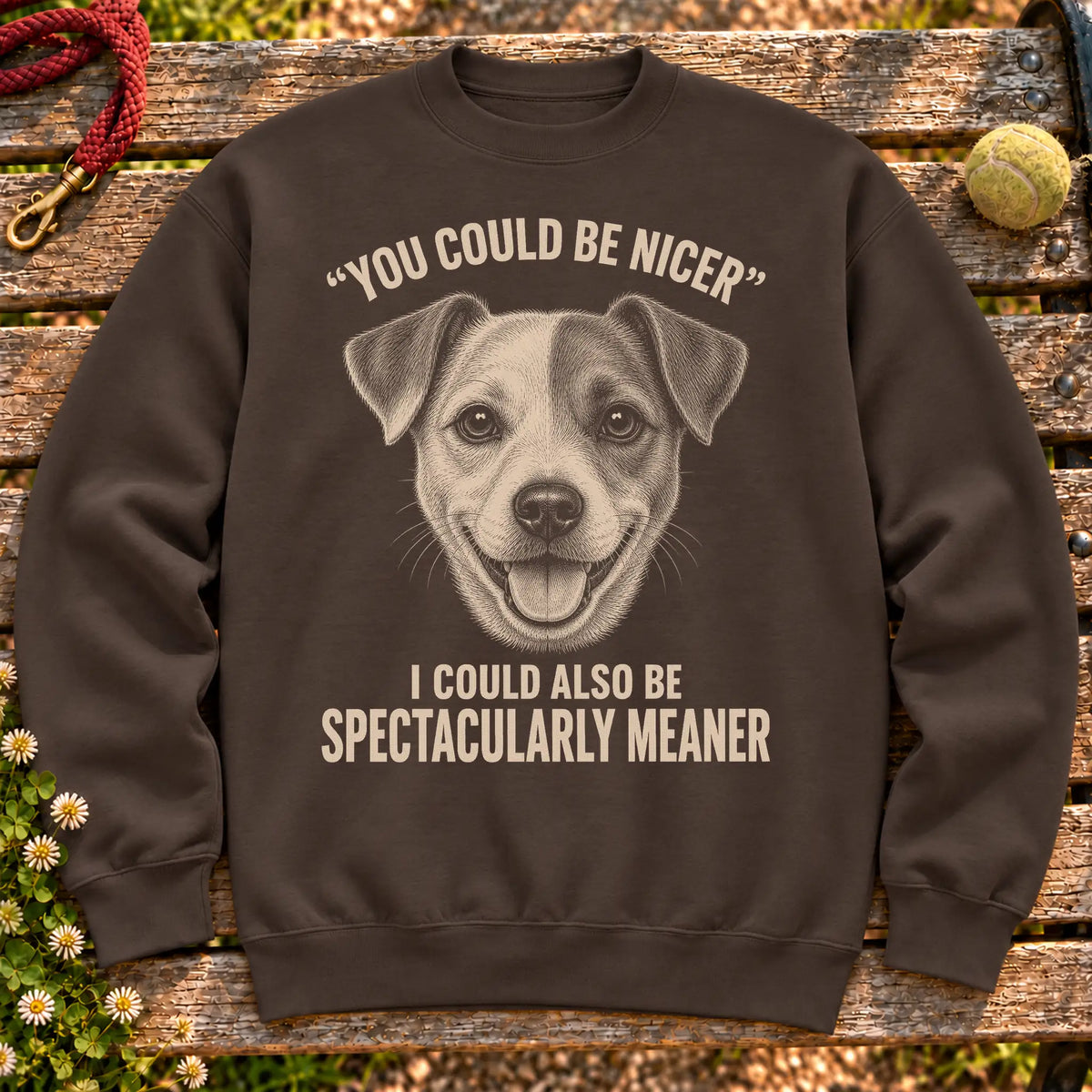 Jack Russell Guard Dog on a Dark Chocolate crewneck sweatshirt, shown flat