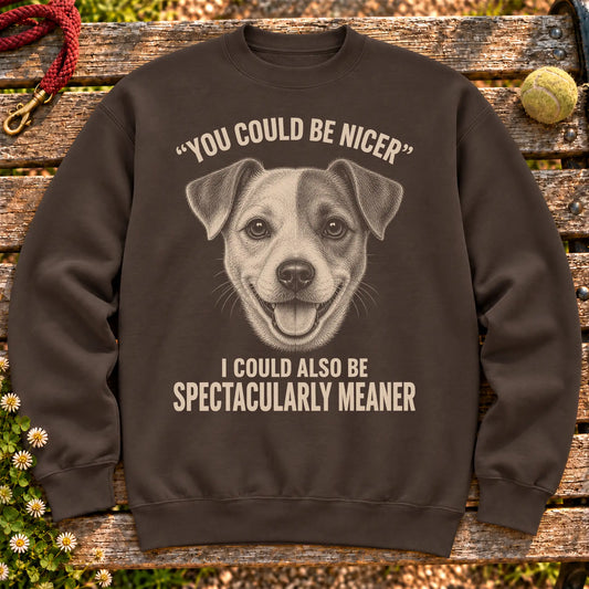 Jack Russell Guard Dog on a Dark Chocolate crewneck sweatshirt, shown flat