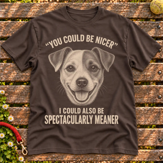Jack Russell Guard Dog on a Dark Chocolate T-shirt, shown flat