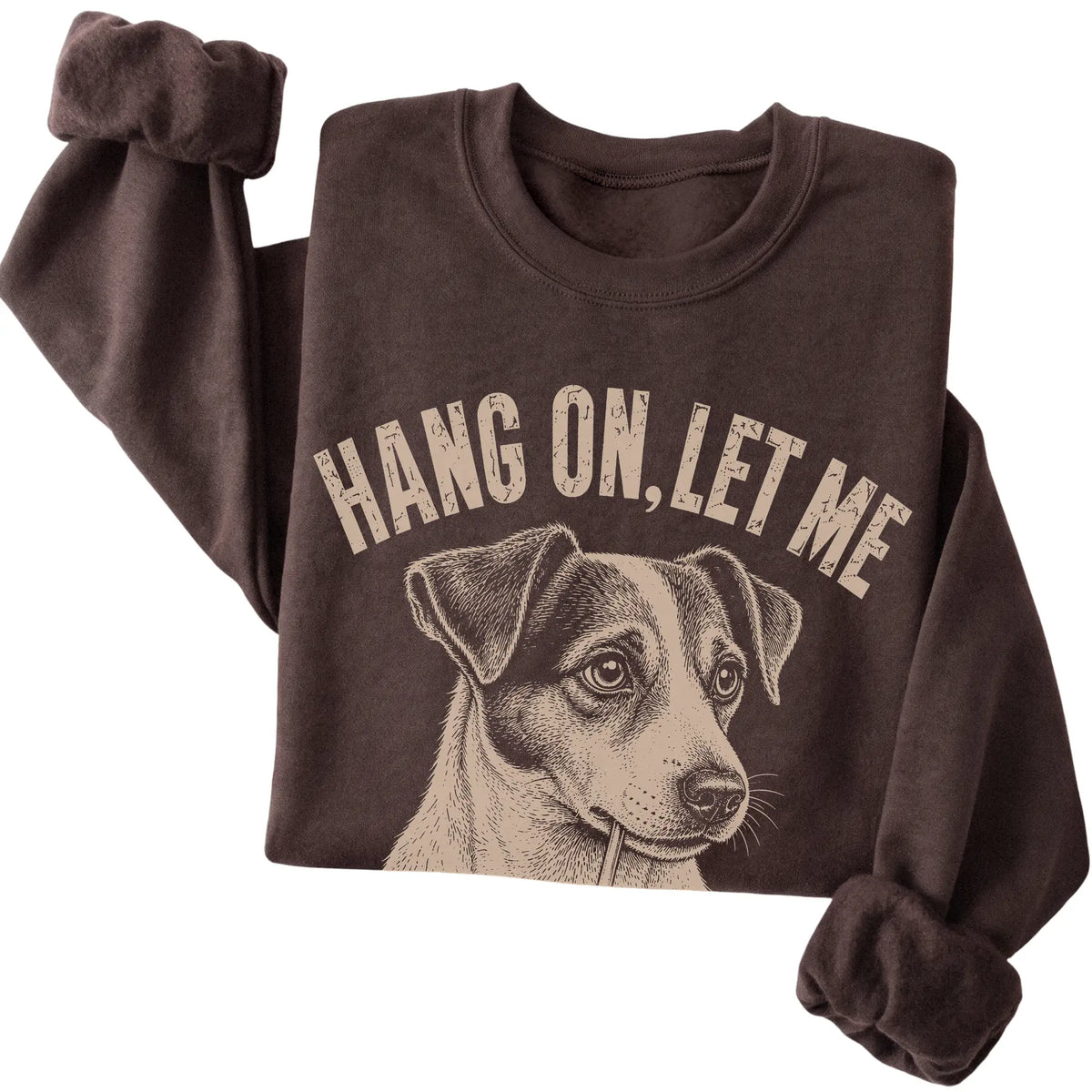 Dark Chocolate crewneck sweatshirt featuring Overthinking Jack Russell, folded presentation