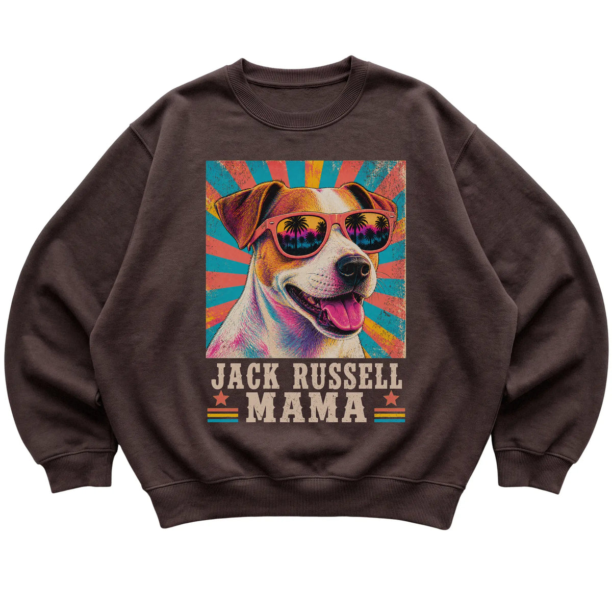 Retro Jack Russell Mama design on a Dark Chocolate crewneck sweatshirt