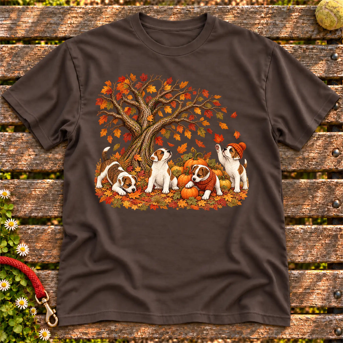 Four Jack Russell puppies with pumpkins beneath an autumn tree on a Dark Chocolate softstyle T-shirt