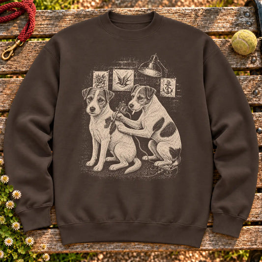 Jack Russell Tattoo on a Dark Chocolate crewneck sweatshirt, shown flat