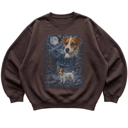 dark chocolate sweatshirt with Jack Russell Winter Moon artwork.