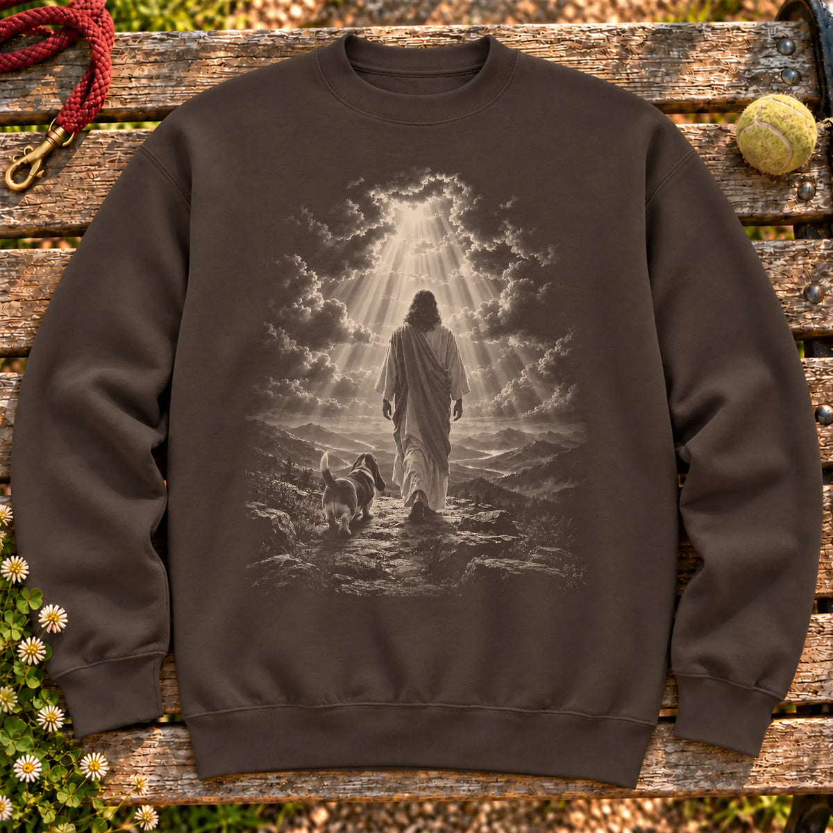 Dark Chocolate crewneck sweatshirt showing Jesus walking beside a Basset Hound beneath rays of light