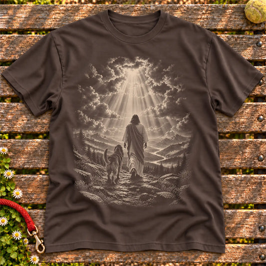 Dark Chocolate T-shirt showing Jesus walking beside a Bloodhound beneath rays of light