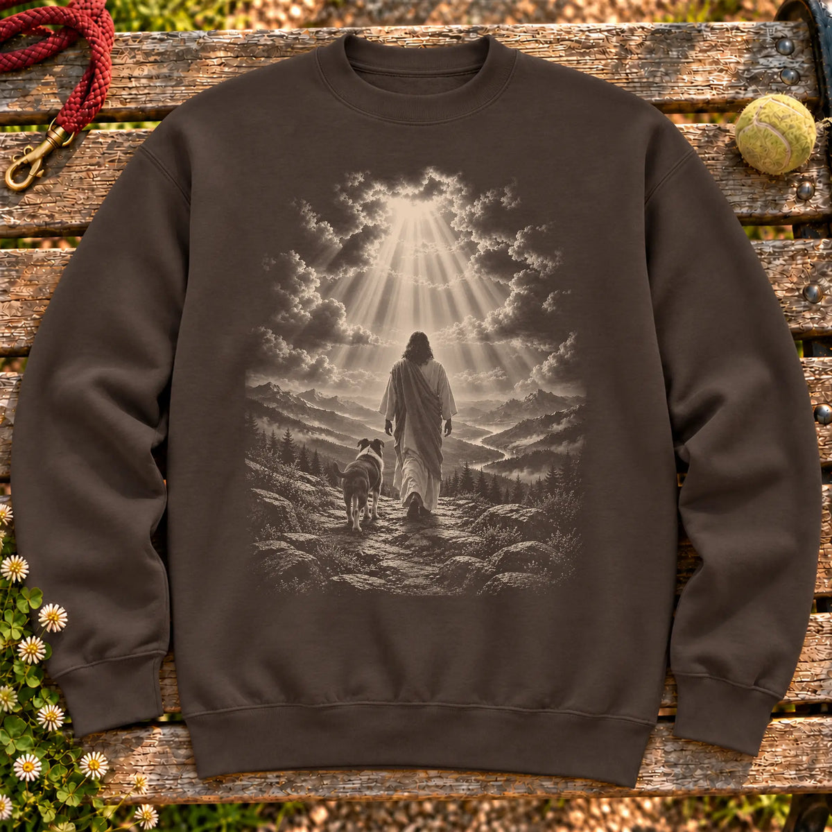 Dark Chocolate crewneck sweatshirt showing Jesus walking beside a Boxer beneath rays of light