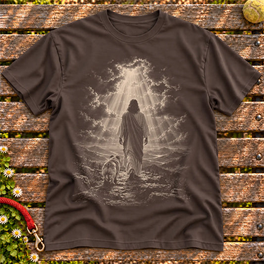 Dark Chocolate T-shirt showing Jesus walking beside a Bulldog beneath rays of light