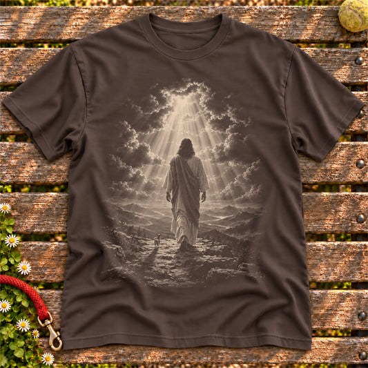 Dark Chocolate T-shirt showing Jesus walking beside a Chihuahua beneath rays of light