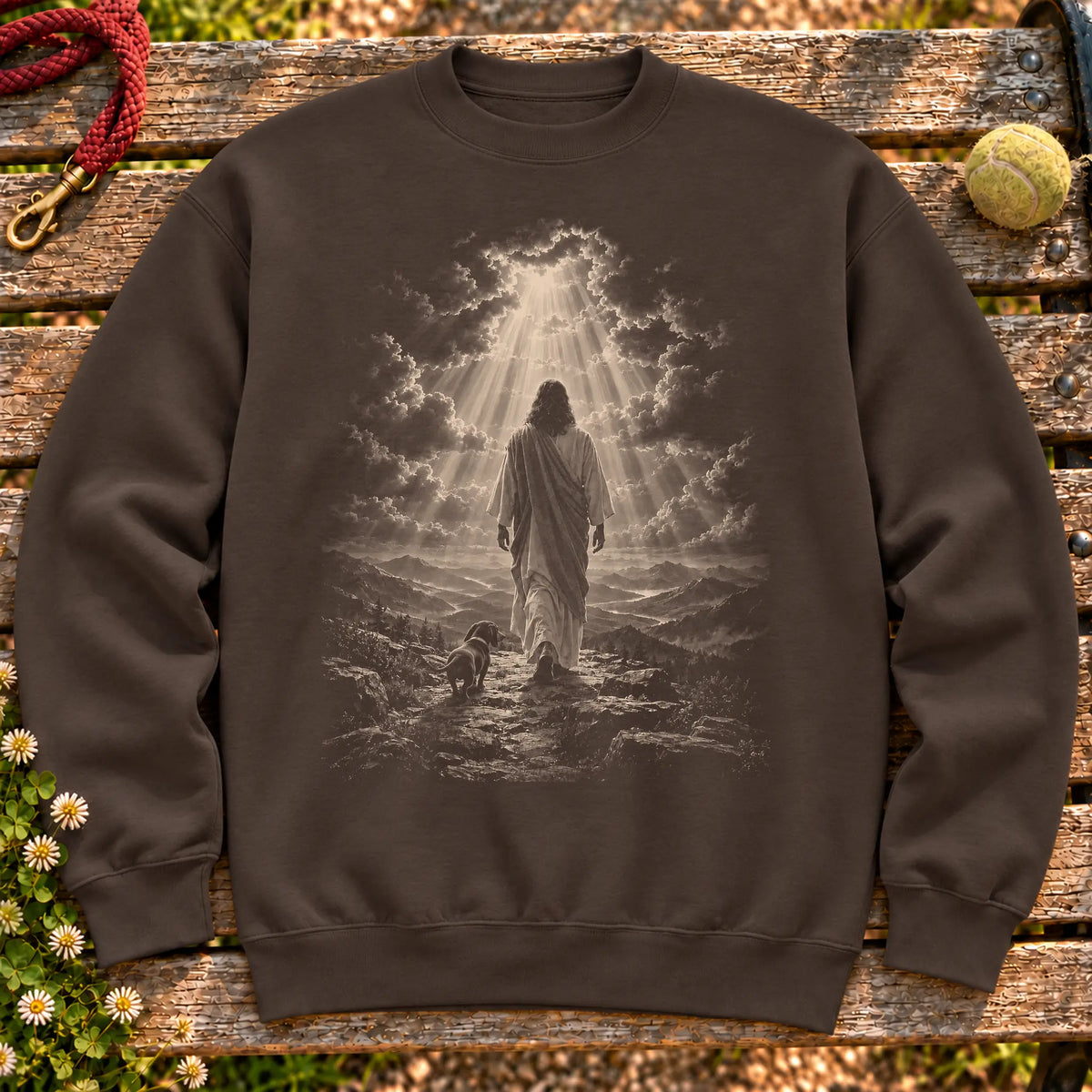 Dark Chocolate crewneck sweatshirt showing Jesus walking beside a Dachshund beneath rays of light