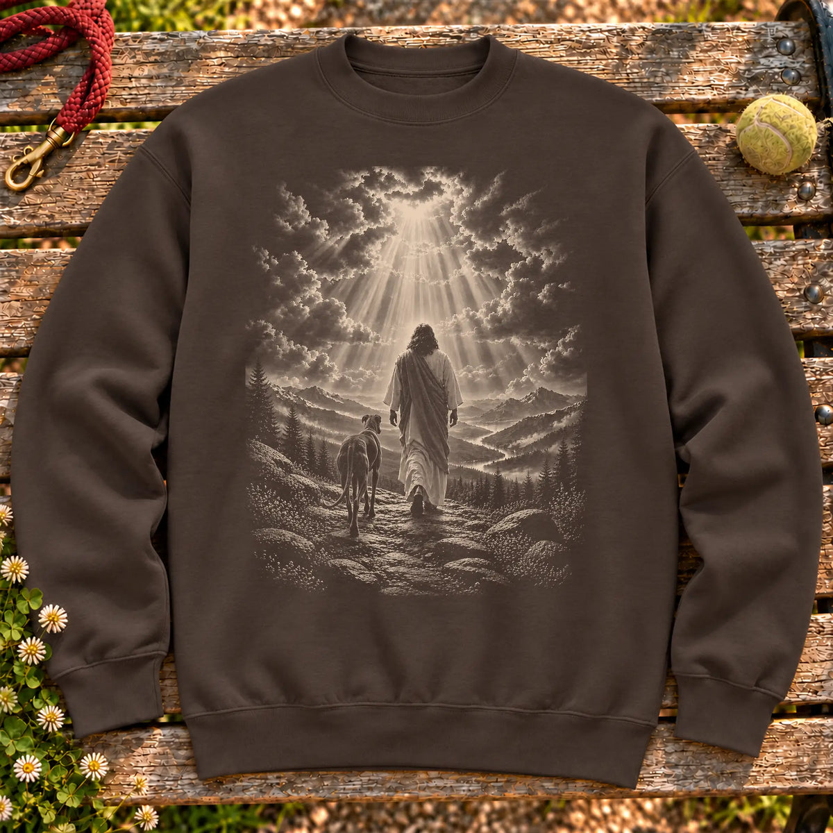 Dark Chocolate crewneck sweatshirt showing Jesus walking beside a Greyhound beneath rays of light