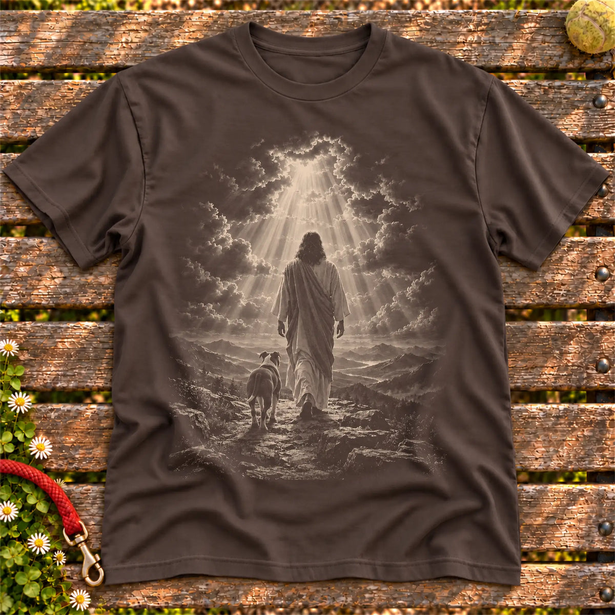 Dark Chocolate T-shirt showing Jesus walking beside a Pitbull beneath rays of light