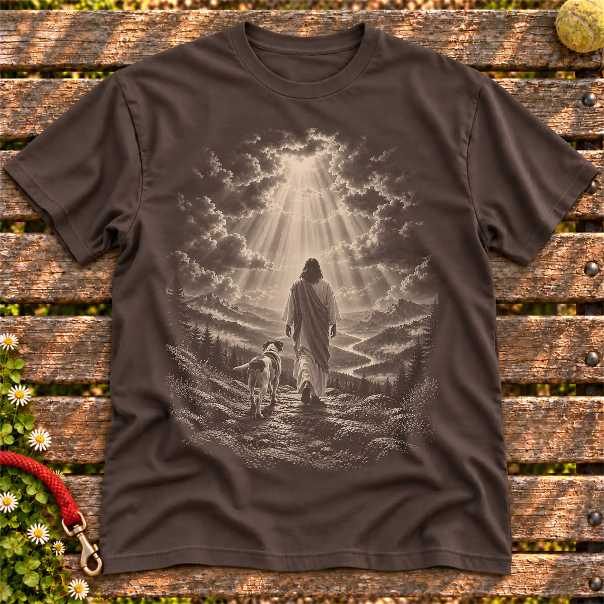 Dark Chocolate T-shirt showing Jesus walking beside a Pointer beneath rays of light