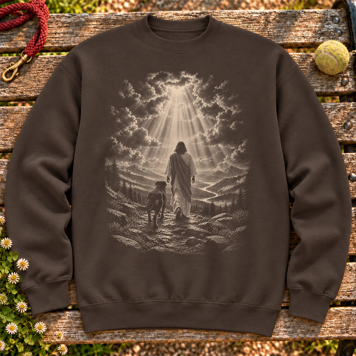 Dark Chocolate crewneck sweatshirt showing Jesus walking beside a Rottweiler beneath rays of light