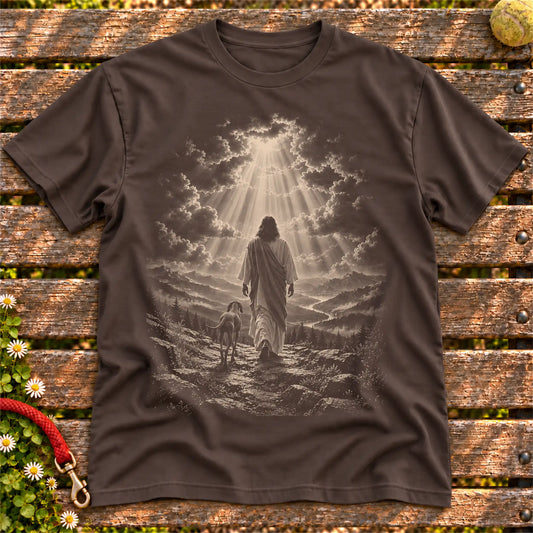 Dark Chocolate T-shirt showing Jesus walking beside a Vizsla beneath rays of light