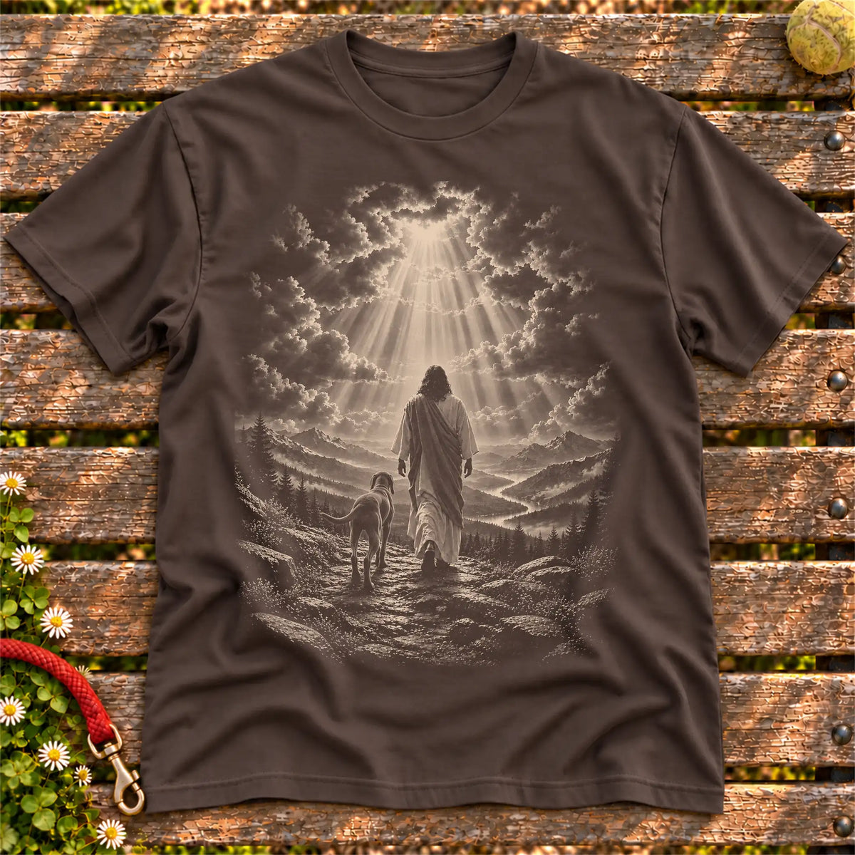 Dark Chocolate T-shirt showing Jesus walking beside a Weimaraner beneath rays of light
