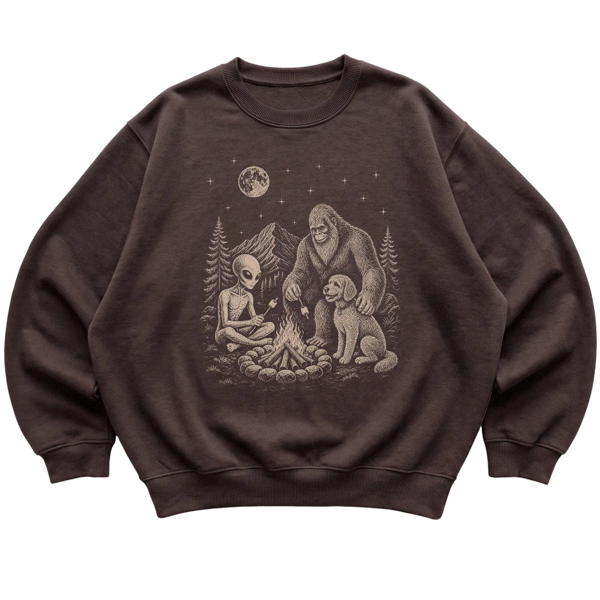 Dark Chocolate Labradoodle Camping with Bigfoot and Alien shirt laid flat