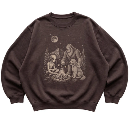 Dark Chocolate Labradoodle Camping with Bigfoot and Alien shirt laid flat