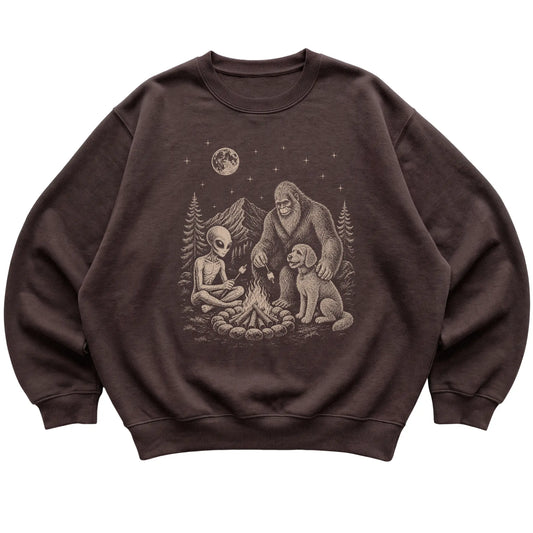 Dark Chocolate Labradoodle Camping with Bigfoot and Alien shirt laid flat