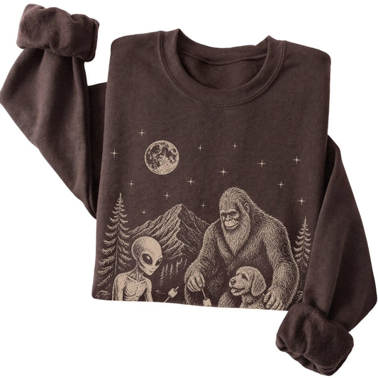 Dark Chocolate Labradoodle Camping with Bigfoot and Alien folded detail view