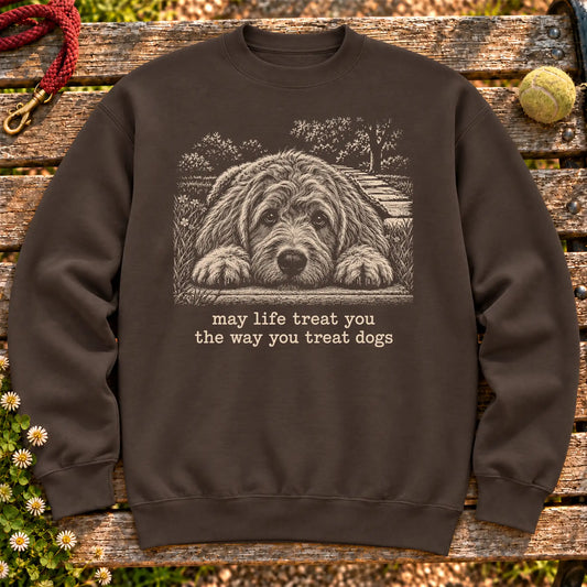 Labradoodle Karma dog quote design on a Dark Chocolate crewneck sweatshirt shown flat