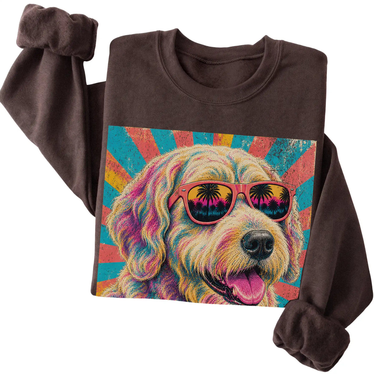 Folded Dark Chocolate crewneck sweatshirt with a Retro Labradoodle Mama design